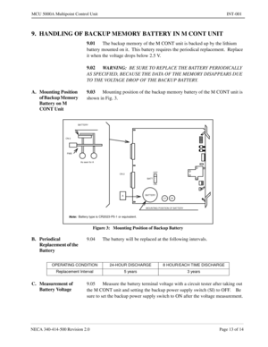 Page 651NECA 34 0-4 14- 500 Revision 2.0   Page 13 of 14
MCU  5000A Multipoint Control  U nit   INT-001
9.  HANDLING OF BACKUP MEMORY B ATTE RY IN M CONT UNIT
A
+?
CN 2
C7C8
ON
As seen for A
OPER ATING CONDITION  24-H OUR DISCHARGE  8 HOUR/E AC H TIME DISCHARGE 