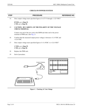 Page 654Page 2 of 4 NECA 340-414-500 Revision 2.0
TCP-001 MCU 5000A Multipoint Control Unit
CHECK ON POWER SYSTEM
Figure 1:   Checking AC Line Voltage
STEP PROCEDURE REFERENCE NO.
14 Does output voltage meet specified figure of +4.75 V through + 5.25 VDC?
If YES, go to 
Step 15.
If 
NO, go to 
Step 18.
15
CAUTION:  
BE CAREFUL OF THE POLARITY OF THE VOLTAGE 
CHECK TERMINAL.
Connect one end of the test cord to the DDM and other end to the power 
terminal of PWR unit. (See Fig. 2)
16 Confirm that the measured...