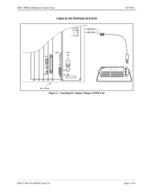 Page 655NECA 340-414-500 Revision 2.0 Page 3 of 4
MCU 5000A Multipoint Control Unit TCP-001
CHECK ON POWER SYSTEM
Figure 2:   Checking DC Output Voltage of PWR Unit
MON
CONF
B A
LMT    MON
OFFON
   MEM
MCU 5000A
PWR
19 990
+12VDC
+5 VDC
G
-12 VDC 