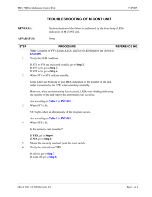 Page 663NECA 340-414-500 Revision 2.0 Page 1 of 2
MCU 5000A Multipoint Control Unit TCP-005
  TROUBLESHOOTING OF M CONT UNIT
GENERAL: 
Sectionalization of the failure is performed by the front lamp (LED) 
indication of M CONT unit.
APPARATUS: 
None
STEP PROCEDURE REFERENCE NO.
Note:
  Location of SWs, Straps, LEDs, and list of LED function are shown in 
GSD-009
.
1 Verify the LED condition.
If ST1 to ST6 are indicated steadily, go to Step 2
.
If ST7 is lit, go to Step 3
.
If ST8 is lit, go to Step 4
.
2 When ST1...