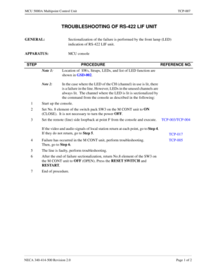 Page 667NECA 340-414-500 Revision 2.0 Page 1 of 2
MCU 5000A Multipoint Control Unit TCP-007
 TROUBLESHOOTING OF RS-422 LIF UNIT
GENERAL: 
Sectionalization of the failure is performed by the front lamp (LED) 
indication of RS-422 LIF unit.
APPARATUS: 
MCU console
STEP PROCEDURE REFERENCE NO.
Note 1:
Location of  SWs, Straps, LEDs, and list of LED function are 
shown in GSD-002
.
Note 2:In the case where the LED of the CH (channel) in use is lit, there 
is a failure in the line. However, LEDs in the unused...