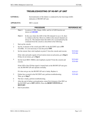 Page 669NECA 340-414-500 Revision 2.0 Page 1 of 2
MCU 5000A Multipoint Control Unit TCP-008
  TROUBLESHOOTING OF H0-INF LIF UNIT
GENERAL: 
Sectionalization of the failure is conducted by the front lamp (LED) 
indication of H0-INF LIF unit.
APPARATUS: 
MCU console
STEP PROCEDURE REFERENCE NO.
Note 1:
Location of  SWs, Straps, LEDs, and list of LED function are 
shown in GSD-003
.
Note 2:
In the case where the LED of the CH (channel) in use is lit, there 
is a failure in the line. However, LEDs in the unused...