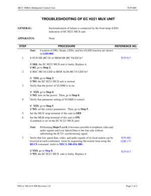 Page 671NECA 340-414-500 Revision 2.0 Page 1 of 2
MCU 5000A Multipoint Control Unit TCP-009
 TROUBLESHOOTING OF EC H221 MUX UNIT
GENERAL: 
Sectionalization of failure is conducted by the front lamp (LED) 
indication of EC H221 MUX unit.
APPARATUS: 
None
STEP PROCEDURE REFERENCE NO.
Note:
Location of SWs, Straps, LEDs, and list of LED function are shown 
in GSD-004
.
1 Is FUN ER (RC10) or MEM ER (RC 9)LED lit?
If YES
, the EC H221 MUX unit is faulty. Replace it.
If NO
, go to Step 2
.TCP-017
2 Is REC (RC16) LED...