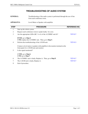 Page 683NECA 340-414-500 Revision 2.0 Page 1 of 2
MCU 5000A Multipoint Control Unit TCP-015
  TROUBLESHOOTING OF AUDIO SYSTEM
GENERAL: 
Troubleshooting of the audio system is performed through the use of line 
from each conference room.
APPARATUS: 
Level Meter or Speaker with amplifier
STEP PROCEDURE REFERENCE NO.
1 Start up the whole system.
2 Request each conference room to speak loudly  for a test.
3 Are the appropriate LEDs (RC 1 to 4) of the A CODEC unit lit?
If YES
, go to Step 4
.
If NO
, replace the A...