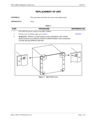 Page 689NECA 340-414-500 Revision 2.0 Page 1 of 4
MCU 5000A Multipoint Control Unit TCP-017
REPLACEMENT OF UNIT
GENERAL: 
This procedure describes the step of unit replacement.
APPARATUS: 
None
Figure 1:   Open Front Cover
Ta b l e  1 :  
STEP PROCEDURE REFERENCE NO.
1 Turn OFF the power switch of the MCU 5000A.
2 If front cover is already open, go to Step 4.INP-003
3WARNING:
  FRONT COVER SHOULD BE LOWERED (180
o) WITH 
BOTH HANDS ALLOWING COVER TO DROP FREELY MAY DAMAGE 
COVER OR EQUIPMENT BELOW. 