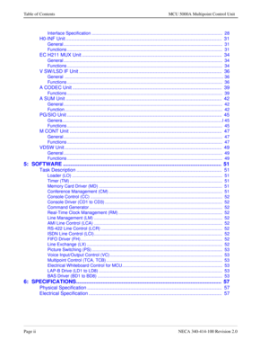 Page 8Page iiNECA 340-414-100 Revision 2.0
Table of Contents MCU 5000A Multipoint Control Unit
Interface Specification ...........................................................................................................  28
H0-INF Unit .................................................................................................................... 31
General ..................................................................................................................................  31
Functions...