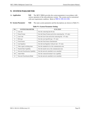 Page 97NECA 340-414-100 Revision 2.0Page 85
MCU 5000A Multipoint Control Unit General Description Manual
9:  SYSTEM PARAMETER
A:  Application 9.01
The MCU 5000A provides the system parameters in accordance with 
various operation of the teleconference system.  The system can be customized 
with user requirement condition.  Refer to 
NECA 340-414-220.
B:  System Parameter 9.02
The main system parameter and the descriptions are shown in Table 9-1.
Table 9-1: System Parameter Setting
NO. SYSTEM PARAMETER FUNCTION...