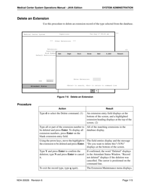 Page 127NDA-30026   Revision 6Page 115
Medical Center System Operations Manual - JAVA Edition SYSTEM ADMINISTRATION
Delete an Extension
Use this procedure to delete an extension record of the type selected from the database.
Figure 7-6   Delete an Extension
Procedure
(1)
MCS Status    Attendant Status Medical Center System
   Call  Status
Trnfr
S
SupervisorTue Aug 17 09:02 am
D
(2)
Add     Delete     Modify     View     Print     Quit***  Other Extensions  ***
Extension:
Department:
Room Number:
Default...