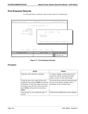 Page 132Page 120NDA-30026   Revision 6
SYSTEM ADMINISTRATION Medical Center System Operations Manual - JAVA Edition
Print Extension Records
Use this procedure to print all or part of the records of a selected type.
Figure 7-9   Print Extension Records
Procedure
MCS Status    Attendant Status Medical Center System
   Call  Status
Trnfr
S
SupervisorTue Aug 17 09:02 am
D Add     Delete     Modify     View     Print     Quit***  Patient Room Extensions  ***
Extension:
Room Number:
Bed Number (0-2):
Unit:
 Key:...