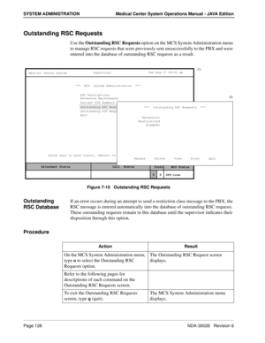 Page 140Page 128NDA-30026   Revision 6
SYSTEM ADMINISTRATION Medical Center System Operations Manual - JAVA Edition
Outstanding RSC Requests
Use the Outstanding RSC Requests option on the MCS System Administration menu 
to manage RSC requests that were previously sent unsuccessfully to the PBX and were 
entered into the database of outstanding RSC requests as a result.
Figure 7-15   Outstanding RSC Requests
Outstanding 
RSC DatabaseIf an error occurs during an attempt to send a restriction class message to the...
