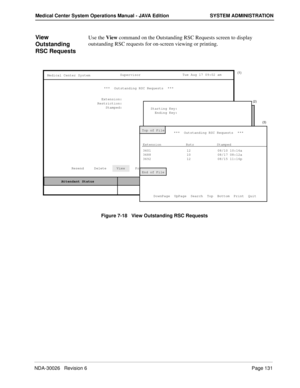 Page 143NDA-30026   Revision 6Page 131
Medical Center System Operations Manual - JAVA Edition SYSTEM ADMINISTRATION
View 
Outstanding 
RSC RequestsUse the View command on the Outstanding RSC Requests screen to display 
outstanding RSC requests for on-screen viewing or printing.
Figure 7-18   View Outstanding RSC Requests
MCS Status    Attendant Status Medical Center System
   Call  Status
Trnfr
S
SupervisorTue Aug 17 09:02 am
D
Off-line ***  Outstanding RSC Requests  ***  
Extension:
Restriction:
Stamped:
Resend...