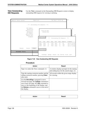 Page 150Page 138NDA-30026   Revision 6
SYSTEM ADMINISTRATION Medical Center System Operations Manual - JAVA Edition
View Outstanding 
DID RequestsUse the View command on the Outstanding DID Requests screen to display 
outstanding DID requests for viewing or printing. 
Figure 7-23   View Outstanding DID Requests
Procedure
MCS Status    Attendant Status Medical Center System
   Call  Status
Trnfr
S
SupervisorTue Aug 17 09:02 am
D
Off-line
(1)
(2)
***  Outstanding DID Requests  ***  
DID Number:
Extension::...