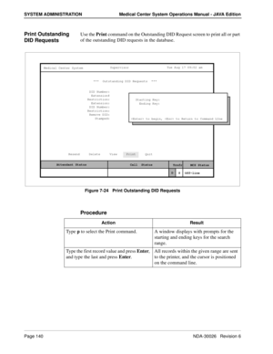 Page 152Page 140NDA-30026   Revision 6
SYSTEM ADMINISTRATION Medical Center System Operations Manual - JAVA Edition
Print Outstanding 
DID RequestsUse the Print command on the Outstanding DID Request screen to print all or part 
of the outstanding DID requests in the database.
Figure 7-24   Print Outstanding DID Requests
Procedure
MCS Status    Attendant Status Medical Center System
   Call  Status
Trnfr
S
SupervisorTue Aug 17 09:02 am
D
Off-line ***  Outstanding DID Requests  ***  
DID Number:
Extension::...