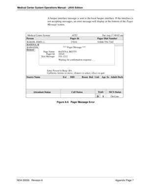 Page 209NDA-30026   Revision 6 Appendix Page 7
Medical Center System Operations Manual - JAVA Edition
A beeper interface message is sent to the local beeper interface. If the interface is 
not accepting messages, an error message will display at the bottom of the Pager 
Message screen. 
Figure A-6   Pager Message Error
BAKER, JOHN, L. 27010
BATENA, BETTY 10345
BAWATER, NICHOLAS 00123
Bottom
Medical Center System Tue Aug 17 09:02 amATT2
On-Line Call Status MCS Status
Attendant Status
DSTr n f r Enter Person to...