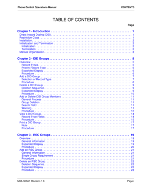 Page 3NDA-30042  Revision 1.0Page i
Phone Control Operations Manual CONTENTS
TABLE OF CONTENTS
Page
Chapter 1 - Introduction  . . . . . . . . . . . . . . . . . . . . . . . . . . . . . . . . . . . . . . . . . . . . . . . . . .   1
Direct Inward Dialing (DID) . . . . . . . . . . . . . . . . . . . . . . . . . . . . . . . . . . . . . . . . . . . . . . . . . . . . . . .  1
Restriction Class . . . . . . . . . . . . . . . . . . . . . . . . . . . . . . . . . . . . . . . . . . . . . . . . . . . . . . . . . . . . . . ....