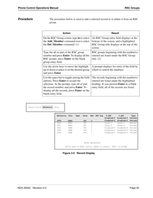 Page 33NDA-30042   Revision 2.0Page 25
Phone Control Operations Manual RSC Groups
ProcedureThe procedure below is used to add a selected record to or delete it from an RSC 
group.
Figure 3-5   Record Display Action Result
On the RSC Group screen, type m to select 
the Add_Member command or e to select 
the Del_Member command. (1)An RSC Group entry field displays at the 
bottom of the screen, and a highlighted 
RSC Group title displays at the top of the 
screen. 
Type the all or part of the RSC group 
number and...