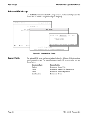 Page 38Page 30NDA-30042   Revision 2.0
RSC Groups Phone Control Operations Manual
Print an RSC Group
Use the Print command on the RSC Group screen to print a selected group or the 
records that lie within a designated range in the group.
Figure 3-7   Print an RSC Group
Search FieldsThe selected RSC group can be searched and printed by different fields, depending 
upon its extension type. The search fields associated with each extension type are 
shown below:
Extension Type
Search Field(s)
Patient Extension,...