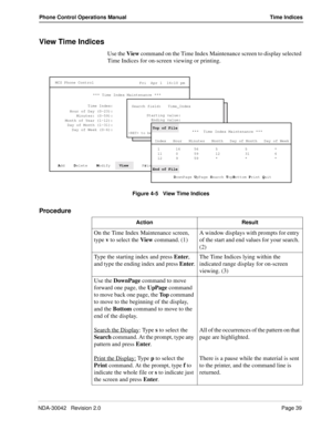 Page 47NDA-30042   Revision 2.0Page 39
Phone Control Operations Manual Time Indices
View Time Indices
Use the View command on the Time Index Maintenance screen to display selected 
Time Indices for on-screen viewing or printing.
Figure 4-5   View Time Indices
Procedure
MCS Phone Control
Fri  Apr 1  16:10 pm
*** Time Index Maintenance ***
Time Index:
Hour of Day (0-23):
A
dd    D
elete    M
odify    View
      Pr
int     Q
uit Minutes: (0-59):
Month of Year (1-12):
Day of Month (1-31):
Day of Week (0-6):...