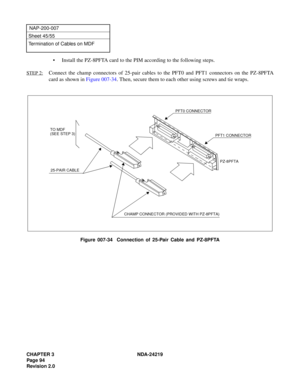 Page 108CHAPTER 3 NDA-24219  
Page 94
Revision 2.0
NAP-200-007
Sheet 45/55
Termination of Cables on MDF
• Install the PZ-8PFTA card to the PIM according to the following steps.
STEP 2:Connect the champ connectors of 25-pair cables to the PFT0 and PFT1 connectors on the PZ-8PFTA
card as shown in Figure 007-34. Then, secure them to each other using screws and tie wraps.
Figure 007-34  Connection of 25-Pair Cable and PZ-8PFTA
+
+
TO MDF
(SEE STEP 3)
25-PAIR CABLE
CHAMP CONNECTOR (PROVIDED WITH PZ-8PFTA)
PFT0...