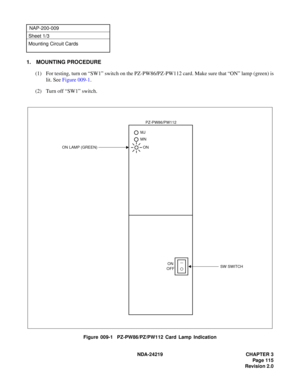 Page 129 NDA-24219 CHAPTER 3
Page 115
Revision 2.0
NAP-200-009
Sheet 1/3
Mounting Circuit Cards
1. MOUNTING PROCEDURE
(1) For testing, turn on “SW1” switch on the PZ-PW86/PZ-PW112 card. Make sure that “ON” lamp (green) is
lit. See Figure 009-1.
(2) Turn off “SW1” switch.
Figure 009-1  PZ-PW86/PZ/PW112 Card Lamp Indication
PZ-PW86/PW112
ON
OFFSW SWITCH
ON LAMP (GREEN)MN
MJ
ON 