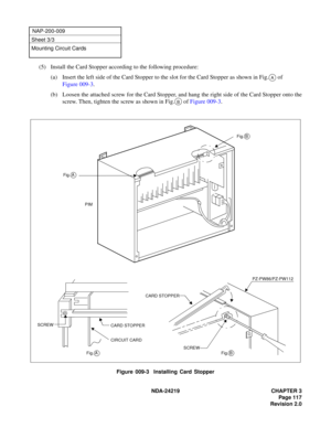 Page 131 NDA-24219 CHAPTER 3
Page 117
Revision 2.0
NAP-200-009
Sheet 3/3
Mounting Circuit Cards
(5) Install the Card Stopper according to the following procedure:
(a) Insert the left side of the Card Stopper to the slot for the Card Stopper as shown in Fig. of 
Figure 009-3.
(b) Loosen the attached screw for the Card Stopper, and hang the right side of the Card Stopper onto the
screw. Then, tighten the screw as shown in Fig. of Figure 009-3.
Figure 009-3  Installing Card Stopper
A
B
Fig. AFig. B
Fig. B Fig....