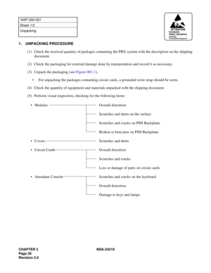 Page 40CHAPTER 3 NDA-24219  
Page 26
Revision 2.0
NAP-200-001
Sheet 1/2
Unpacking
1. UNPACKING PROCEDURE
(1) Check the received quantity of packages containing the PBX system with the description on the shipping
document.
(2) Check the packaging for external damage done by transportation and record it as necessary.
(3) Unpack the packaging (see Figure 001-1).
• For unpacking the packages containing circuit cards, a grounded wrist strap should be worn.
(4) Check the quantity of equipment and materials unpacked...