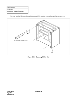 Page 46CHAPTER 3 NDA-24219  
Page 32
Revision 2.0
NAP-200-003
Sheet 3/12
Installation of Main Equipment
(3) After hanging PIM onto the wall, tighten each M4 machine screw using a phillips screw driver. 
Figure 003-2  Screwing PIM to Wall
M4 MACHINE SCREW-B (X4)
PIM 