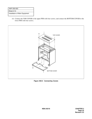 Page 47 NDA-24219 CHAPTER 3
Pag e 33
Revision 2.0
NAP-200-003
Sheet 4/12
Installation of Main Equipment
(4) Connect the TOP COVER to the upper PIM with four screws, and connect the BOTTOM COVER to the
lower PIM with four screws.
Figure 003-3  Connecting Covers
TOP COVER
BOTTOM COVER 