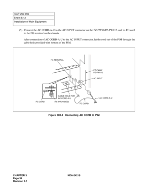 Page 48CHAPTER 3 NDA-24219  
Pag e 3 4
Revision 2.0
NAP-200-003
Sheet 5/12
Installation of Main Equipment
(5) Connect the AC CORD-A-U to the AC INPUT connector on the PZ-PW86/PZ-PW112, and its FG cord
to the FG terminal on the chassis.
After connection of AC CORD-A-U to the AC INPUT connector, let the cord out of the PIM through the
cable hole provided with bottom of the PIM.
Figure 003-4  Connecting AC CORD to PIM
PZ-PW86/
PZ-PW112
AC CORD-A-U
FG CORD
AC INPUT FG TERMINAL
H5 (PROVIDED) FG CORDCABLE HOLE FOR...