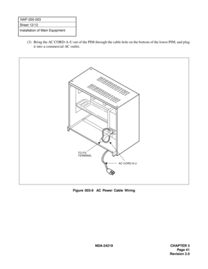 Page 55 NDA-24219 CHAPTER 3
Page 41
Revision 2.0
NAP-200-003
Sheet 12/12
Installation of Main Equipment
(3) Bring the AC CORD-A-U out of the PIM through the cable hole on the bottom of the lower PIM, and plug
it into a commercial AC outlet.
Figure 003-9  AC Power Cable Wiring
AC CORD-A-U
TO FGTERMINAL 