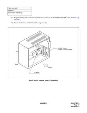 Page 61 NDA-24219 CHAPTER 3
Page 47
Revision 2.0
NAP-200-005
Sheet 4/4
Connection of Battery
(2) Plug the battery cable connector into the BATT1 connector on the PZ-PW86/PZ-PW112 as shown in Fig-
ure 005-3.
(3) Secure the batteries and battery cable using tie wraps.
Figure 005-3  Internal Battery Connection
PLUG IN TO BATT 1
CONNECTOR ON PZ-PW86
FRONT
TIE WRAP
BASEPIM 