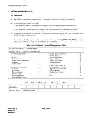 Page 144CHAPTER 4 NDA-30094
Page 136
Revision 1
CUSTOMER SPECIFICATIONS
3. SYSTEM ADMINISTRATION
3.1 Passwords
ACD-MIS accommodates a maximum of 12 passwords.  The first two are set in default data.
In reference to the default passwords:
- Only the access status of the first can be changed.  It will always correspond to the Enter key.
- Only the name of the second can be changed.  It is initially specified as mis (lowercase letters).
Assignable passwords are all maximum 10 (alphabetical) characters.  Upper...