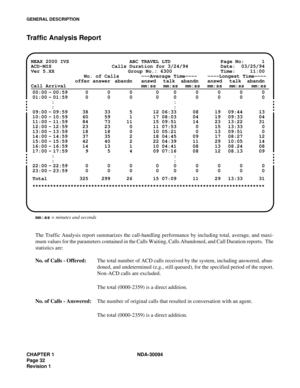 Page 40CHAPTER 1 NDA-30094
Page 32
Revision 1
GENERAL DESCRIPTION
Traffic Analysis Report
mm:ss = minutes and seconds
The Traffic Analysis report summarizes the call-handling performance by including total, average, and maxi-
mum values for the parameters contained in the Calls Waiting, Calls Abandoned, and Call Duration reports.  The
statistics are:
No. of Calls - Offered:The total number of ACD calls received by the system, including answered, aban-
doned, and undetermined (e.g., still queued), for the...