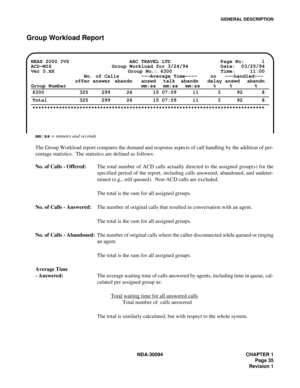 Page 43GENERAL DESCRIPTION
NDA-30094 CHAPTER 1
Page 35
Revision 1
Group Workload Report
mm:ss = minutes and seconds
The Group Workload report compares the demand and response aspects of call handling by the addition of per-
centage statistics.  The statistics are defined as follows:
No. of Calls - Offered:The total number of ACD calls actually directed to the assigned group(s) for the
specified period of the report, including calls answered, abandoned, and undeter-
mined (e.g., still queued).  Non-ACD calls are...