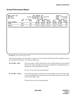 Page 45GENERAL DESCRIPTION
NDA-30094 CHAPTER 1
Page 37
Revision 1
Group Performance Report
hh:mm:ss = hours, minutes and seconds
The Group Performance report compares occupancy on non-ACD and ACD calls and idle (available) mode for
the specified ACD group(s).  The relevant statistics are:
No. of Calls - ACD:The total number of ACD calls directed to the assigned group(s) for the specified
period of the report, including calls answered, abandoned, and undetermined (e.g.,
still queued).  Non-ACD calls are...