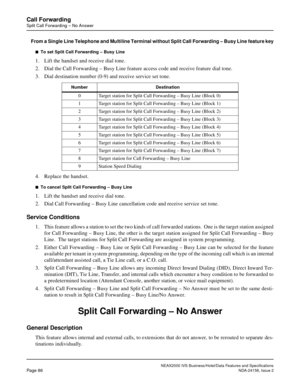 Page 116NEAX2000 IVS Business/Hotel/Data Features and Specifications
Page 86NDA-24158, Issue 2
Call Forwarding
Split Call Forwarding – No Answer
From a Single Line Telephone and Multiline Terminal without Split Call Forwarding – Busy Line feature key
n  To set Split Call Forwarding – Busy Line
1. Lift the handset and receive dial tone.
2. Dial the Call Forwarding – Busy Line feature access code and receive feature dial tone.
3. Dial destination number (0-9) and receive service set tone.
4. Replace the handset.
n...