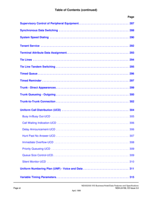 Page 14NEAX 2000  IV S  Busin e ss /H ote l/ D ata  Featu re s a nd S pe cif ic a tio ns
T abl e o f Co nte nts  (co nti nue d) 