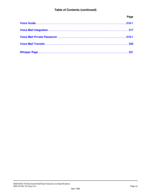 Page 15NEAX 2000  IV S  Busin e ss /H ote l/ D ata  Featu re s a nd  Spe cif ic a tio ns
T abl e o f Co nte nts  (co nti nue d) 