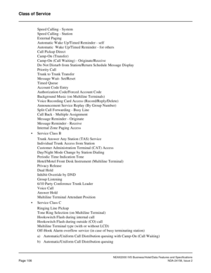 Page 143NEAX2000 IVS Business/Hotel/Data Features and Specifications
Page 106NDA-24158, Issue 2
Class of Service
Speed Calling - System
Speed Calling - Station
External Paging
Automatic Wake Up/Timed Reminder - self
Automatic  Wake Up/Timed Reminder - for others
Call Pickup Direct 
Camp-On (Transfer)
Camp-On (Call Waiting) - Originate/Receive
Do Not Disturb from Station/Return Schedule Message Display
Priority Call 
Trunk to Trunk Transfer
Message Wait- Set/Reset
Timed Queue
Account Code Entry
Authorization...