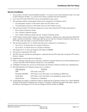 Page 150NEAX2000 IVS Business/Hotel/Data Features and Specifications
NDA-24158, Revision 2.1 Addendum-001
Page 112-1February, 1996
Conference (Six/Ten Party)
Service Conditions
1. Access codes A, B and C must be different numbers.  A is used to reserve the Conference board.  B is used
to add Conference member.  C is used to force release a member from the Conference.
2. Up to four CFT trunks (PN-CFTA) can be accommodated in the system.
3. The maximum number of participants which can be connected in a Conference...