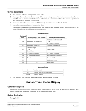 Page 248NEAX2000 IVS Business/Hotel/Data Features and Specifications
NDA-24158, Issue 2
Page 205
Maintenance Administration Terminal (MAT)
Station/Trunk Status Display
Service Conditions 
1. This feature is effective during on-line status only.
2. For single - line stations, this feature mauy affect the operating status of the stations accommodated in the
same LC card as the station to be displayed.  Therefore, it is recommended that this feature is performed
after complaints or problems should occur.
3....