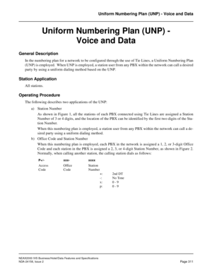 Page 367NEAX2000 IVS Business/Hotel/Data Features and Specifications
NDA-24158, Issue 2
Page 311
Uniform Numbering Plan (UNP) - Voice and Data
Uniform Numbering Plan (UNP) -
Voice and Data
General Description
In the numbering plan for a network to be configured through the use of Tie Lines, a Uniform Numbering Plan
(UNP) is employed.  When UNP is employed, a station user from any PBX within the network can call a desired
party by using a uniform dialing method based on the UNP.
Station Application
All stations....