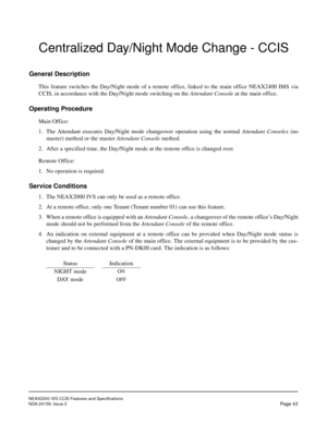 Page 54NEAX2000 IVS CCIS Features and Specifications
NDA-24159, Issue 2
Page 43
Centralized Day/Night Mode Change - CCIS
General Description
This feature switches the Day/Night mode of a remote office, linked to the main office NEAX2400 IMS via
CCIS, in accordance with the Day/Night mode switching on the Attendant Console at the main office.
Operating Procedure
Main Office:
1. The Attendant executes Day/Night mode changeover operation using the normal Attendant Consoles (no
master) method or the master...