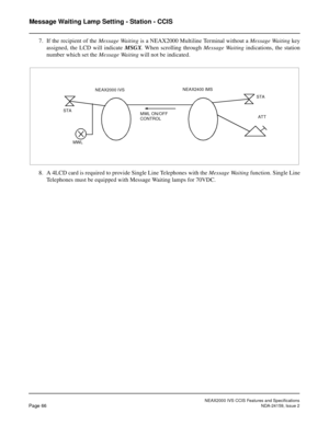 Page 77NEAX2000 IVS CCIS Features and Specifications
Page 66NDA-24159, Issue 2
Message Waiting Lamp Setting - Station - CCIS
7. If the recipient of the Message Waiting is a NEAX2000 Multiline Terminal without a Message Waiting key
assigned, the LCD will indicate MSGX. When scrolling through Message Waiting indications, the station
number which set the Message Waiting will not be indicated.
8. A 4LCD card is required to provide Single Line Telephones with the Message Waiting function. Single Line
Telephones must...