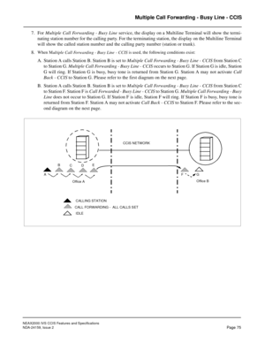 Page 86NEAX2000 IVS CCIS Features and Specifications
NDA-24159, Issue 2
Page 75
Multiple Call Forwarding - Busy Line - CCIS
7. For Multiple Call Forwarding - Busy Line service, the display on a Multiline Terminal will show the termi-
nating station number for the calling party. For the terminating station, the display on the Multiline Terminal
will show the called station number and the calling party number (station or trunk).
8.
When M
ultiple Call Forwarding - Busy Line - CCIS is used, the following...