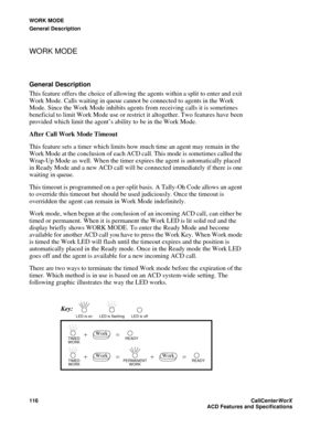 Page 120WORK MODE
General Description
116CallCenter
WorX 
ACD Features and Specifications
WORK MODE
General Description
This feature offers the choice of allowing the agents within a split to enter and exit 
Work Mode. Calls waiting in queue cannot be connected to agents in the Work 
Mode. Since the Work Mode inhibits agents from receiving calls it is sometimes 
beneficial to limit Work Mode use or restrict it altogether. Two features have been 
provided which limit the agent’s ability to be in the Work Mode....