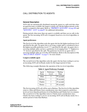 Page 37CALL DISTRIBUTION TO AGENTS
General Description
CallCenter
WorX 33
ACD Features and Specifications
CALL DISTRIBUTION TO AGENTS
General Description
ACD calls are automatically distributed among the agents in a split such that when 
an agent becomes available, the longest waiting call with the highest priority in the 
queue is assigned to that agent. Refer to “PRIORITY QUEUING” on pag e88 and 
“QUEUING - ACD” on page89 for additional information.
During periods when more than one agent is available and...