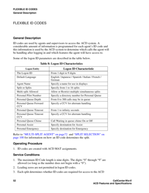 Page 56FLEXIBLE ID CODES
General Description
52CallCenter
WorX 
ACD Features and Specifications
FLEXIBLE ID CODES
General Description
ID codes are used by agents and supervisors to access the  ACD system. A 
considerable amount of information is programmed for each agent’s ID code and 
this information is used by the ACD system to determine which calls the agent will 
be handling after logging in and which features the agent will have access to.
Some of the logon ID parameters are described in the table below....