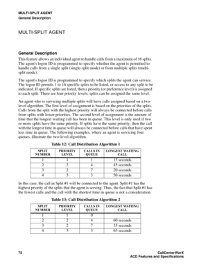 Page 76MULTI-SPLIT AGENT
General Description
72CallCenter
WorX 
ACD Features and Specifications
MULTI-SPLIT AGENT 
General Description
This feature allows an individual agent to handle calls from a maximum of 16 splits. 
The agents logon ID is programmed to specify whether the agent is permitted to 
handle calls from a single split (single-split mode) or from multiple splits (multi-
split mode).
The agents logon ID is programmed to specify which splits the agent can service. 
The logon ID permits 1 to 16...
