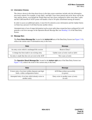 Page 103NDA-24213 CHAPTER 7
     Page 89
Issue 3.0
ACD Menu Commands
MAT Menu
5.3 Information Choices
The choices shown in the drop-down boxes in the data screen sometimes include only the information 
previously entered. For example, if only Split 1 and Split 2 have been entered and saved, those will be the 
only options shown, even though the Tenant Data may have been configured to allow more than 2 splits 
and the CallCenterWorX ACD system will handle a total of 30 splits (distributed among all tenants).
In...